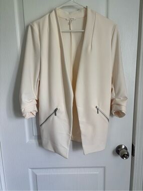 Maurices Cream Open-Front Blazer with Zip Pockets